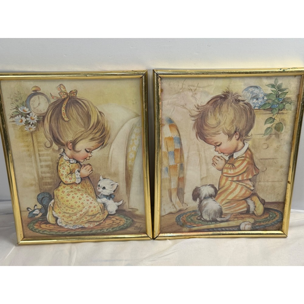 Vintage Coby Framed Prints Pair Boy Girl Praying Nursery Art Gold Tone 8x10